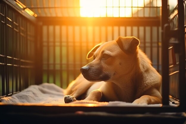 Ein süßer streunender Hund schaut durch einen rostigen Metallkäfig in einem Tierunterkunft in den Strahlen der aufgehenden Sonne