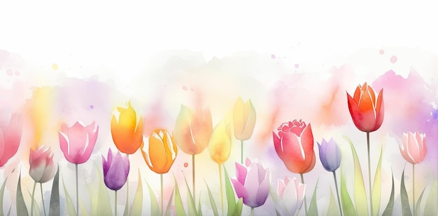 Foto ein süßer und farbenfroher aquarell-tulpenhintergrund mit weichem fokus und lebendigen farbtönen, perfekt für dekorative zwecke. generative ki