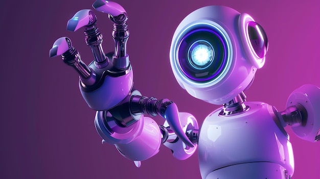 Ein süßer und freundlicher Roboter mit einem runden Kopf und großen Augen steht auf einem lila Hintergrund