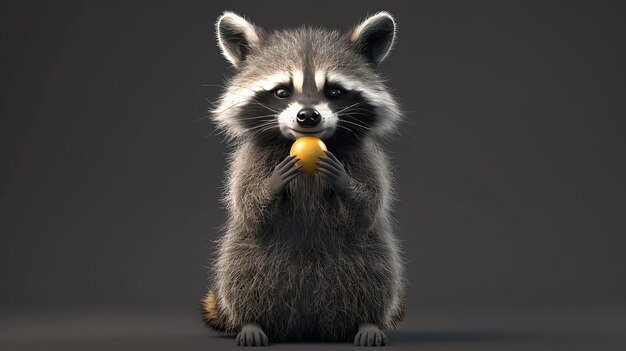 Ein süßer Waschbär sitzt auf einem weißen Hintergrund, der Waschbier hält einen gelben Ball in seinen Pfoten und schaut mit einem neugierigen Ausdruck in die Kamera.