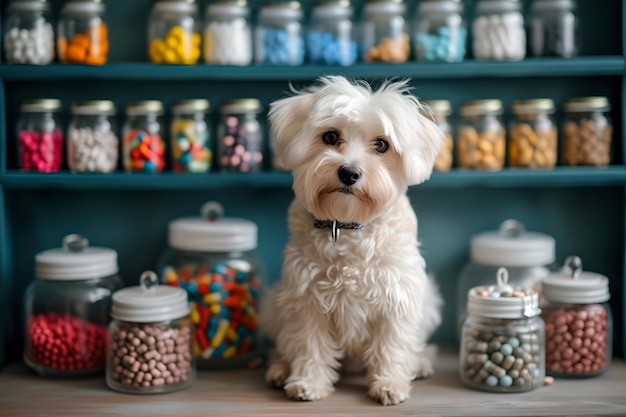 Ein süßer weißer Hund sitzt in einem Raum, der mit bunten Süßigkeitenkrügen gefüllt ist. Perfekt für Haustierfreundliche Inhalte, Heimstil, süße Umgebung, KI.