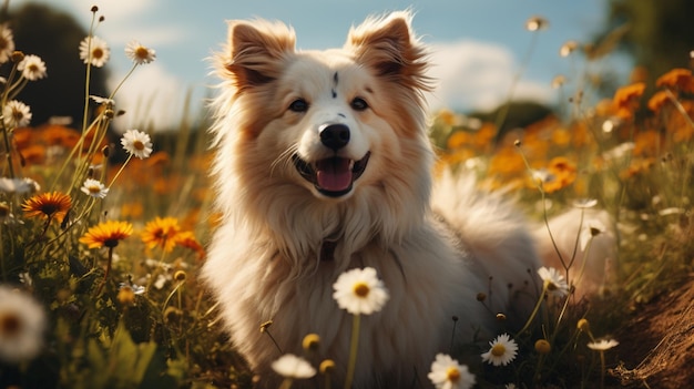 Ein süßer Welpe spielt im Gras und genießt den sonnigen Sommerhintergrund