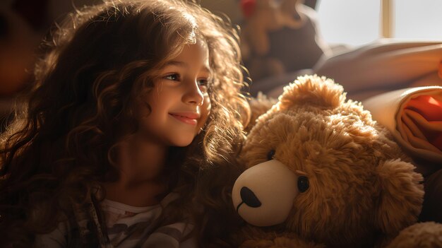 Foto ein süßes 10-jähriges mädchen spielt mit einem teddybären in ihrem kinderzimmer