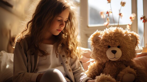 Foto ein süßes 10-jähriges mädchen spielt mit einem teddybären in ihrem kinderzimmer