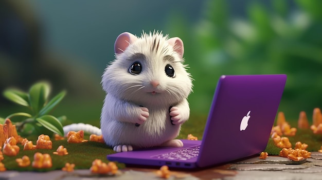 ein süßes 3D-Lemming mit einem Laptop auf einem farbenfrohen Hintergrund generativer KI