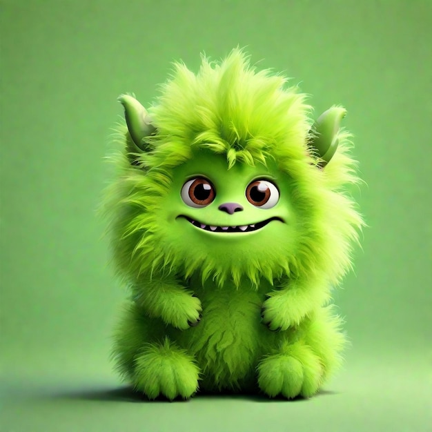 Ein süßes 3D-Lime-Cartoon-Fluffy-Monster-Charakter, das auf farbigem Hintergrund isoliert ist