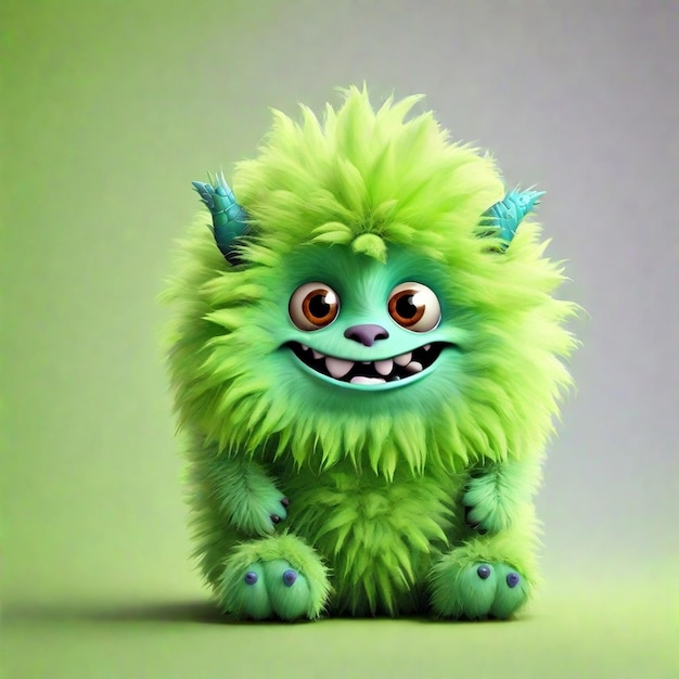 Ein süßes 3D-Lime-Cartoon-Fluffy-Monster-Charakter, das auf farbigem Hintergrund isoliert ist