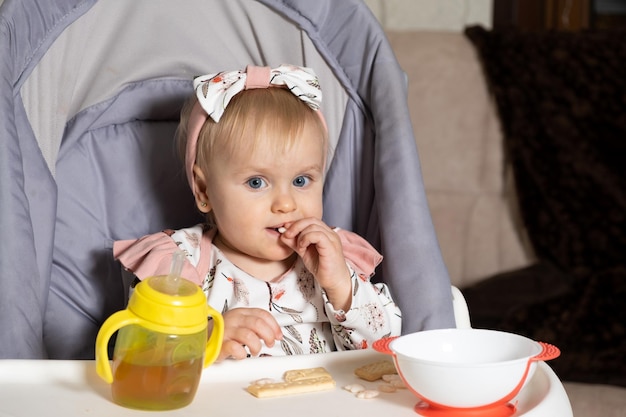 Ein süßes anderthalbjähriges Mädchen sitzt in einem hohen Babystuhl und isst Kekse