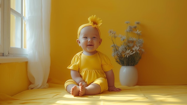 Ein süßes Baby in einem gelben Kleid sitzt zu Hause auf dem Bett