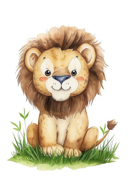 Ein süßes Baby Löwe auf Gras Kindergartenkunst 2D-Zeichnung Aquarell isoliert auf weißem Hintergrund keine Blumen ar 23 v 6 Job ID cd1ce1a5f52b41a5820e770fbee3af2b