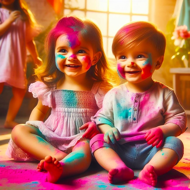 Ein süßes Baby Mädchen und Junge spielen mit Pulver Multicolor im Holi Festival Schwester und Bruder spielen