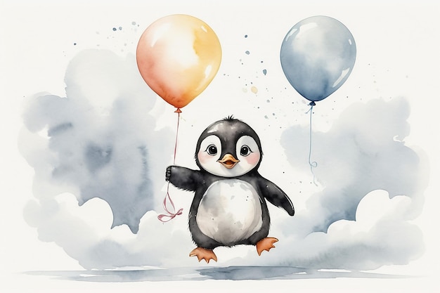 Ein süßes Baby-Pinguin mit Ballons, Zeichentrickfarben, weißem Hintergrund