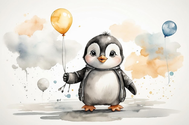 Ein süßes Baby-Pinguin mit Ballons, Zeichentrickfarben, weißem Hintergrund