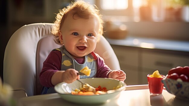 Foto ein süßes baby sitzt auf einem stuhl in der küche und füttert ihr essen mit einem löffel