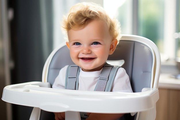 Ein süßes Baby sitzt in einem Kinderstuhl in der Küche, Baby-Lebensmittel