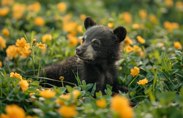 Ein süßes Babybärenjungen spielt im grünen Gras mit gelben Blumen