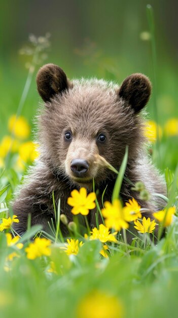 Ein süßes Babybärenjungen spielt im grünen Gras mit gelben Blumen