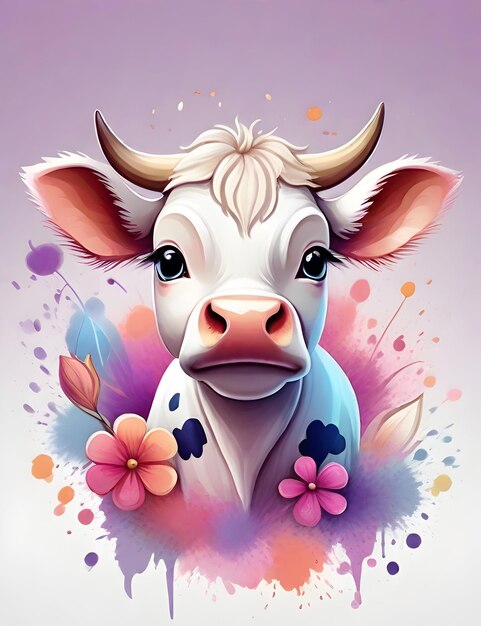Foto ein süßes, buntes baby-kühe-fantasieblumen spritzt modernes t-shirt-design aquarell-generativ von ai