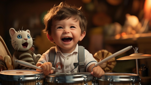 Ein süßes Cartoon-Baby spielt ein Schlagzeug