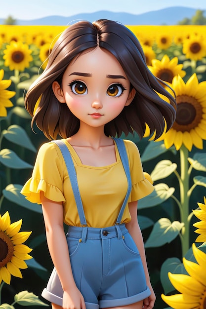 Ein süßes Cartoon-Mädchen auf einer Sonnenblumenfeld-Tapete