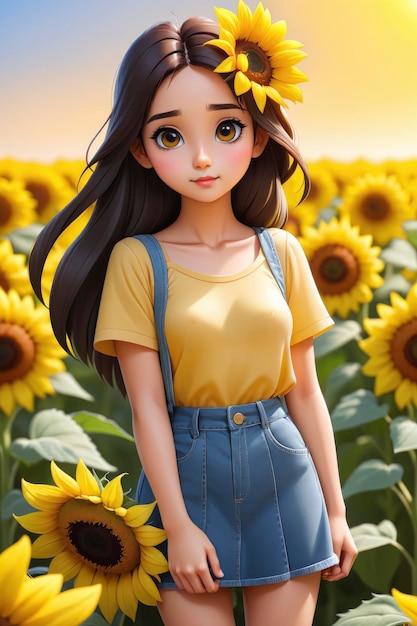 Ein süßes Cartoon-Mädchen auf einer Sonnenblumenfeld-Tapete