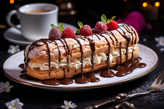 Ein süßes Dessert-Eclair mit Kaffeesahne und Streuseln von Generative Ai