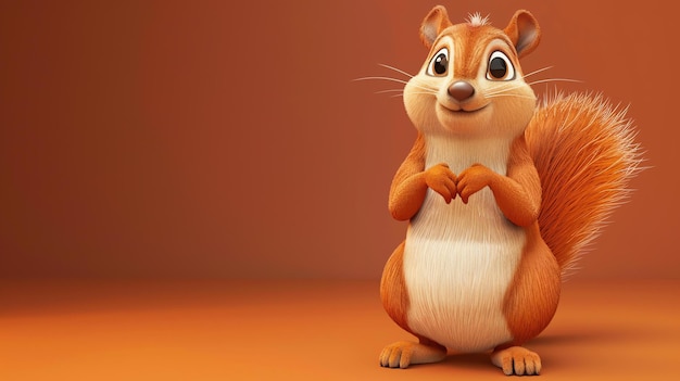 Ein süßes Eichhörnchen steht auf dem Boden, hat seine Hände zusammen und schaut in die Kamera. Es hat große Augen und einen flauschigen Schwanz.