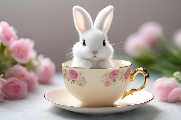 Ein süßes, entzückendes Kaninchen in einer Tasse Tee