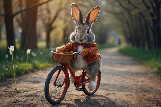 Ein süßes, fröhliches Kaninchen hält ein Ei und fährt anlässlich der Osterfeier auf einem Fahrrad