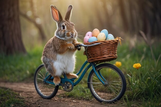 Ein süßes, fröhliches Kaninchen hält ein Ei und fährt anlässlich der Osterfeier auf einem Fahrrad