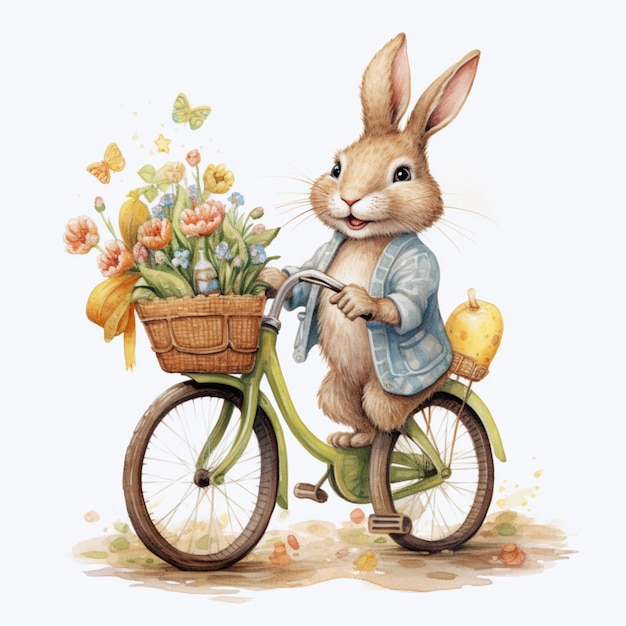 Ein süßes, fröhliches Kaninchen hält ein Ei und fährt Fahrrad