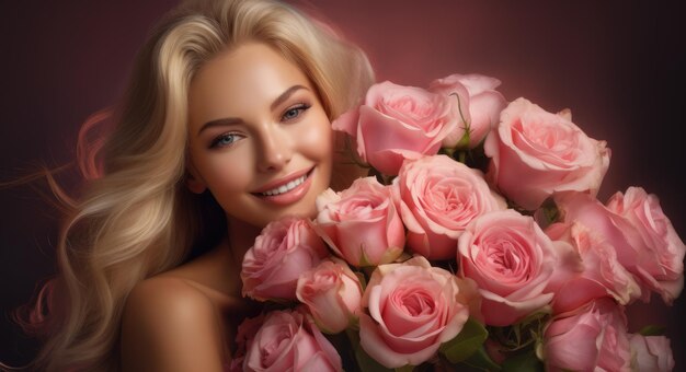 Ein süßes, glückliches, lächelndes, blondes junges Mädchen mit einem riesigen Blumenstrauß rosa Rosen ai erzeugt