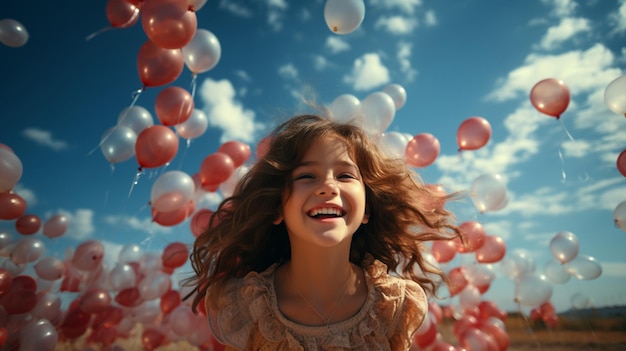 Ein süßes junges Mädchen, das mit einem Ballon fliegt, hält den Ballon in einem schönen hellblauen Himmel