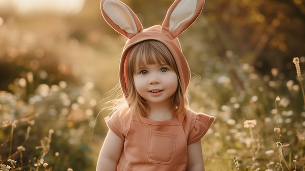 Ein süßes junges Mädchen trägt ein Osterhase-Kostüm mit Kaninchenohren in einem hellen Frühlingsfoto im Freien