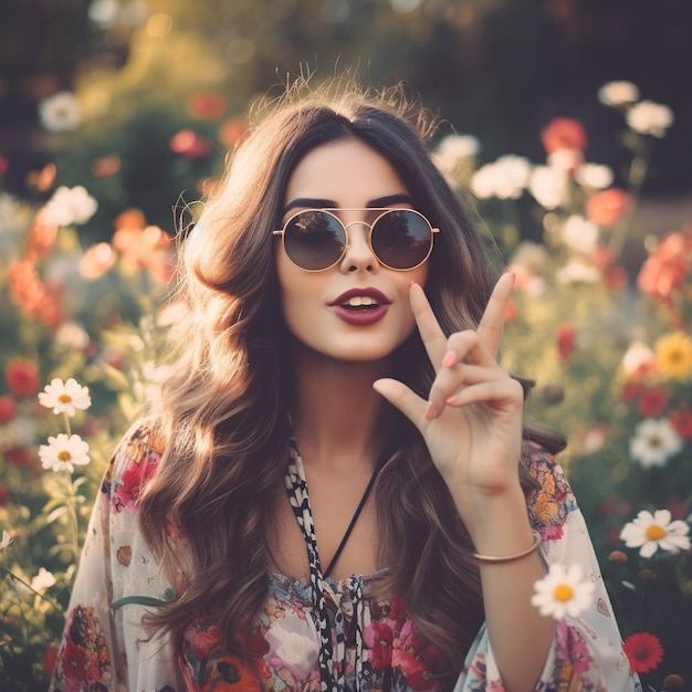 ein süßes junges Mädchen trägt schwarze Schattenbrille in einem Feld von bunten Blumen