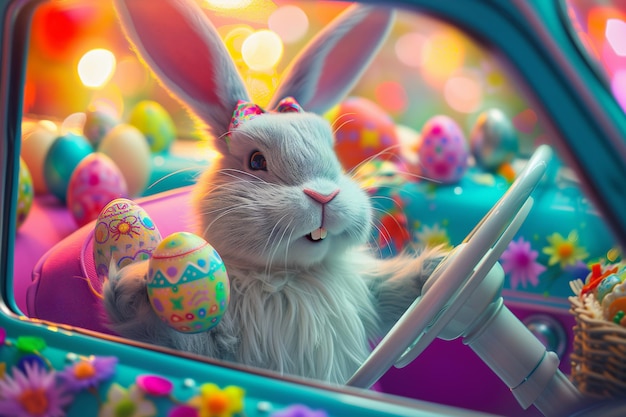Ein süßes Kaninchen fährt ein Auto voller Ostereier, ein lustiger Kaninchen-Charakter aus Ostern-Cartoons.