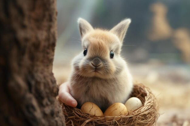 Foto ein süßes kaninchen hält ein ostereier