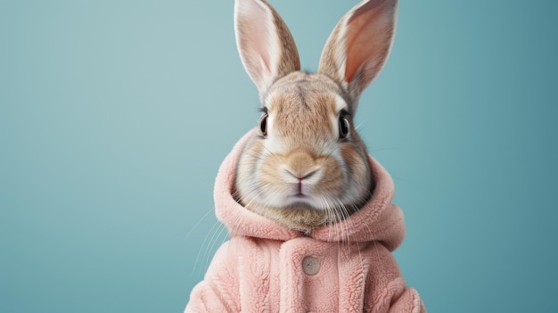 Ein süßes Kaninchen trägt einen gemütlichen rosa Pullover vor einem passenden rosa Hintergrund Das Kaninchen sieht in seinem Outfit entzückend und stilvoll aus Generative KI