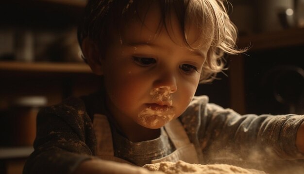 Foto ein süßes kaukasisches kleinkind lernt in einer unordentlichen küche zu backen und genießt eine von künstlicher intelligenz erzeugte mahlzeit