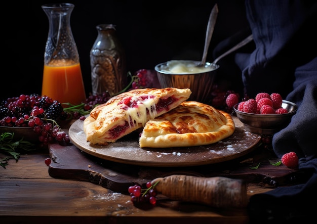 Foto ein süßes khachapuri, gefüllt mit gesüßtem käse und früchten