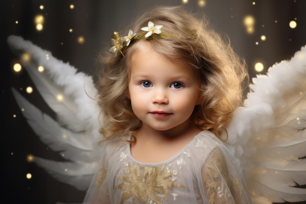 Ein süßes Kind, gekleidet in ein zartes Engelkostüm, hält einen schimmernden Stern mit einem himmlischen