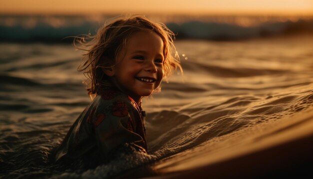 Ein süßes Kind lächelt und genießt die Sommerferien am von KI generierten Sonnenuntergangsstrand