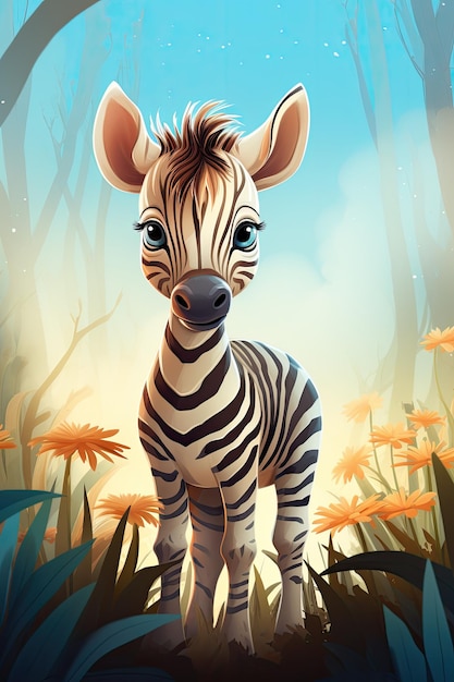 Ein süßes kleines Baby im Zebra-Pixar-Stil, das auf dem Gras steht