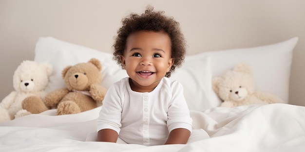 Ein süßes kleines Baby sitzt auf einem Bett auf weißen Laken