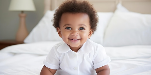 Ein süßes kleines Baby sitzt auf einem Bett auf weißen Laken