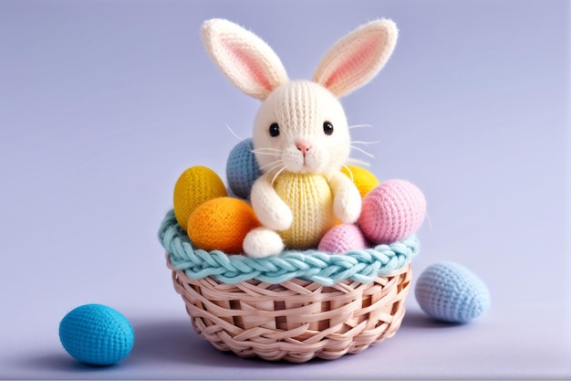 Ein süßes kleines gestricktes Kaninchen in einem Korb mit Ostereiern
