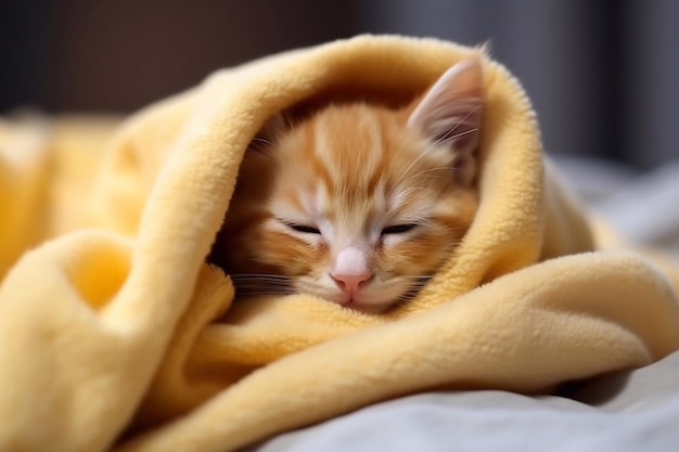 Ein süßes kleines Ingwerkätzchen schläft in einer weichen Decke auf dem Holzboden