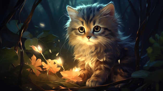 ein süßes kleines Kätzchen im Nachtwald