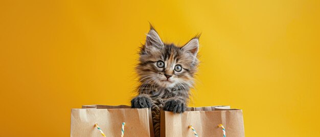 Ein süßes kleines Kätzchen sitzt zwischen zwei Papier-Shopping-Taschen auf einem leuchtend gelben Hintergrund