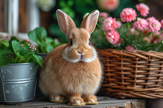 Foto ein süßes kleines kaninchen steht an ostern vor einem blumenkorb